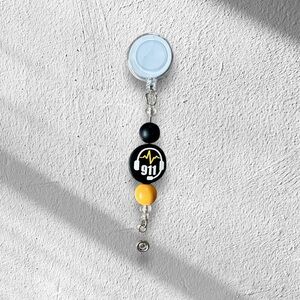 911 Badge Reel with Black and Yellow Beads